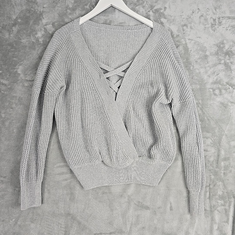 Women's Criss Cross Back Balletcore Waffle‎ Knit Sweater Top Small Grey